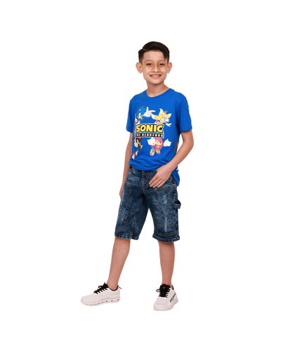 The boy model wears the "Freeze" Blue Sonic Character Graphic Tee, "True Indigo" Denim Cargo Shorts, and white "Air" Lace-up Jogger Athletic Sneakers.