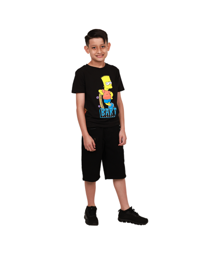 The boy model wears the "Freeze" Black Bart Simpson Graphic Tee, "True Indigo" Black Cargo Denim Shorts, and the black "Air" Lace-up Jogger Athletic Sneakers.