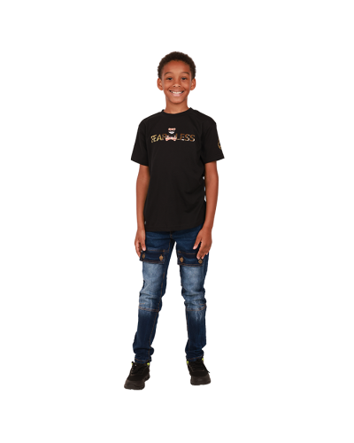 The boy model wears the black 