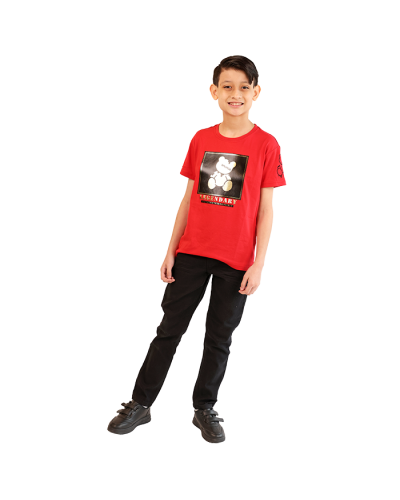 The boy model wears the "CR-24" Short Sleeve Red Legendary Teddy Bear Tee, "True Indigo" Black Denim Jeans, and the black "Air" 2" Velcro Athletic Shoes.
