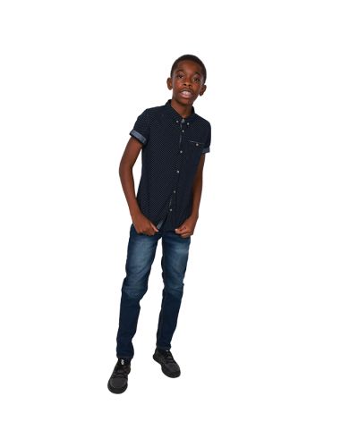 The boy pictured wears our navy "Fashion Business Corp" Short Sleeve Button Down Polka Dot Top with the "True Indigo" Dark Wash Denim Jeans and the black and grey "Air" Jogger Lace Up Athletic Shoes.