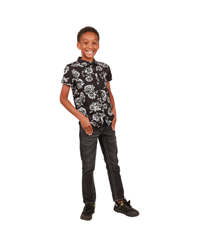 "Cactus" Short Sleeve Black White Rose Button Down Shirt