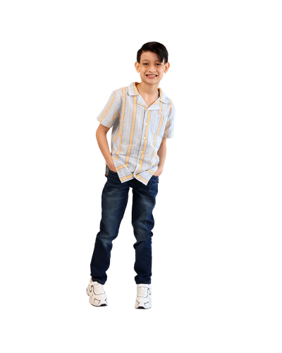 The boy model wears the "Hawk" Striped Button Down Top, "True Indigo" Dark Wash Denim Jeans, and the white "Air" Pleather Lace-Tie and Velcro Athletic Shoes.