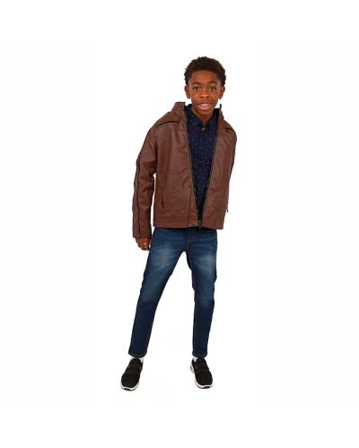 The boy model wears the brown "Distortion" Pleather Zip-Up Jacket and a "Fashion Business" Polka Dot Button Down Long Sleeve Dress Shirt. Combine these with the "True Indigo" Denim Jeans and "Air" Lace Elastic Lace-Up Athletic Shoes to complete the look.