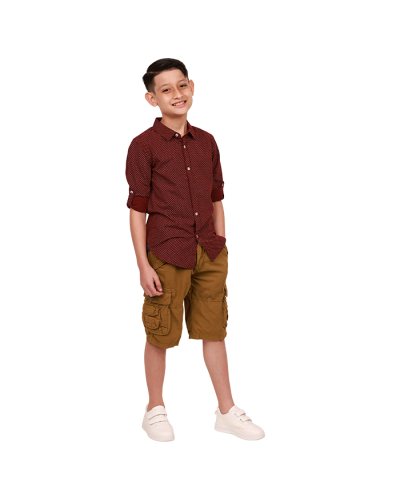 The boy model wears the "Cactus" Burgundy Short Sleeve Polka Dot Dress Shirt, "Raw" Twill Cargo Pocket Shorts, and "Air" 2-Velcro Athletic Sneakers.