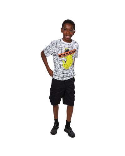 The boy pictured wears the white comic-style "Extreme Concepts" Short Sleeve Cartoon Character Printed Tee paired with the black "South Pole" Elastic Waist Drawstring Cargo Shorts and the grey and black "Air" Jogger Lace Up Athletic Shoes.