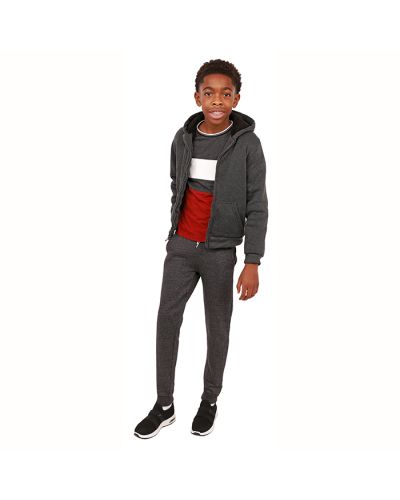 The boy model wears the "North Pole" Fleece Jacket Layered over the "Distortion" Short-Sleeve Color Block Tee. Pair these items with "True Indigo" Fleece Jogger Pants and "Air" Elastic Lace Sneakers.