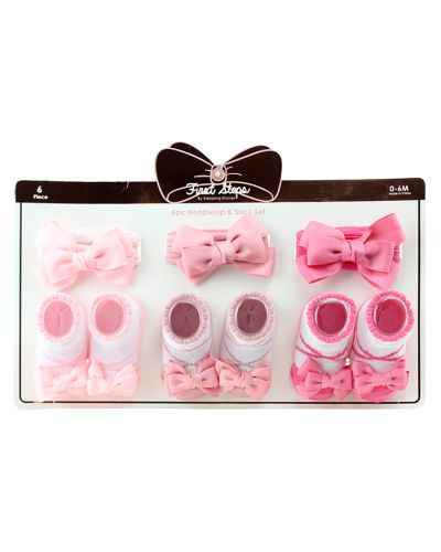 The picture is a variety of pink and white "First" 3-Pack Bow & Sock Set."