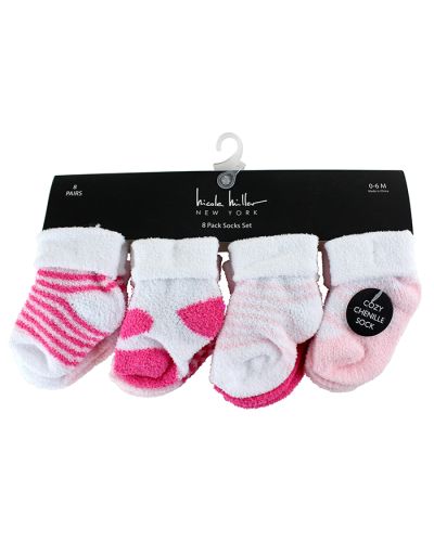 The pink and white "Bon Bini" "Nicole Miller" 8-Pack Infant Girl Socks Set is pictured here.