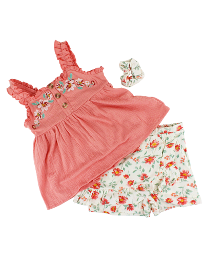 "Little Lass" 3-Piece Floral Top, Skirt & Scrunchie Set