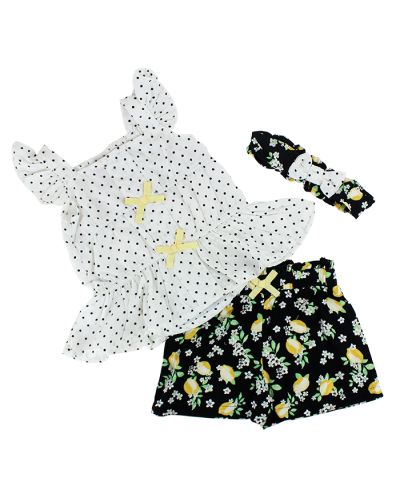 The complete "G + W" 3-Piece Polka Dot Tank, Lemon Shorts & Headband Set are pictured here.