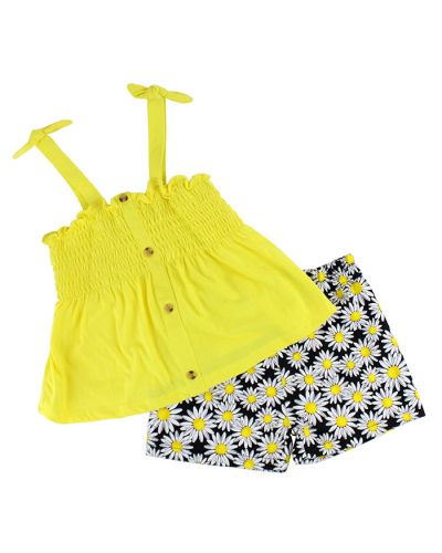 The complete "Allura" 2-Piece Smocked Yellow Tank & Floral Shorts Set is pictured here.