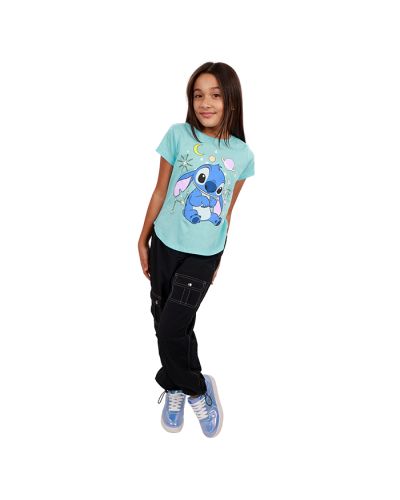 The girl model wears our "Stitch" Space Graphic Tee, black "No Comment" Parachute Cargo Pants, and blue "Link" Pleather Holographic Athletic Sneakers.