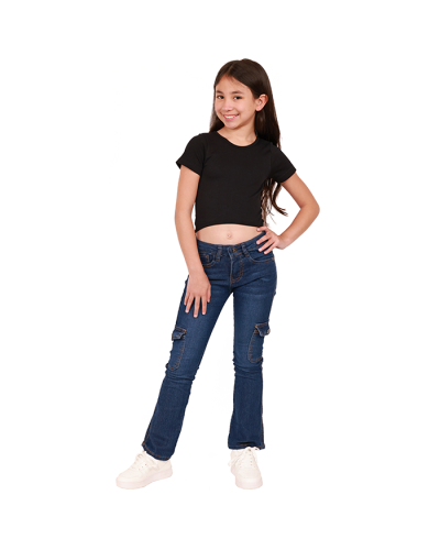 The girl model wears the black "Cotton Candy" Short Sleeve Seamless Ribbed Knit Crop Top, "Hailey" 1-Button Cargo Pocket Denim Jeans, and the white "Forever" Solid Color Pleather Athletic Shoes.