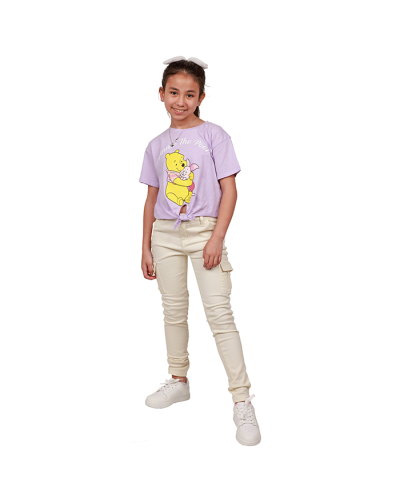 The girl model wears the lavender "Freeze" Pooh Short-Sleeve Front Tie Shirt paired with white "Wallflower" Twill Cargo Pants and "Top" White Pleather Lace-up Sneakers.