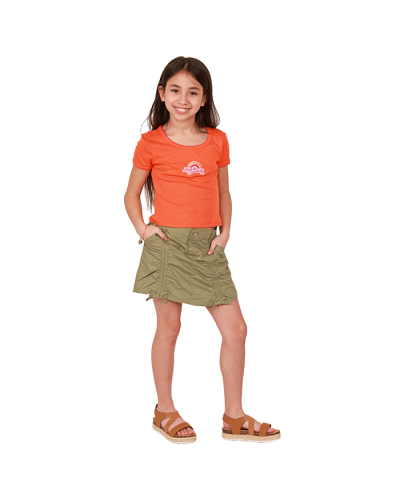 The girl model wears an orange "No Comment" Short Sleeve Embroidered T-Shirt, a green "Wallflower" Parachute  Ruched Skirt, and white "Link" Platform Espadrille Elastic X-Strap Sandals.