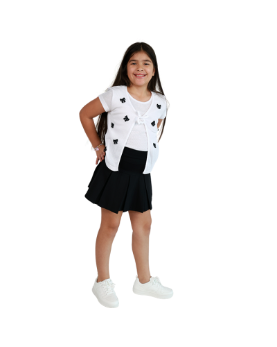 "Starride" Short Sleeve Front Tie White Black Bow Top