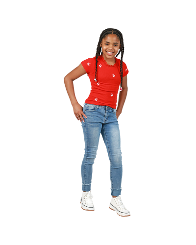 "Jolie" Short Sleeve Lace Trim Embroiderd Cherry Print Top
