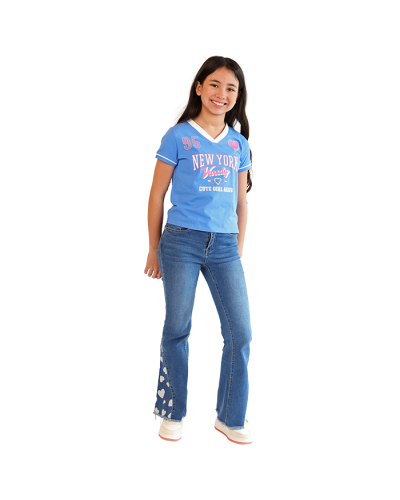 The girl model wears the blue "V & R" Short Sleeve Screen Print Varsity Tee, "1st Kiss" Heart Print Flare Denim Jeans, and the "Forever" Pleather Lace-up Multicolored Athletic Sneakers.