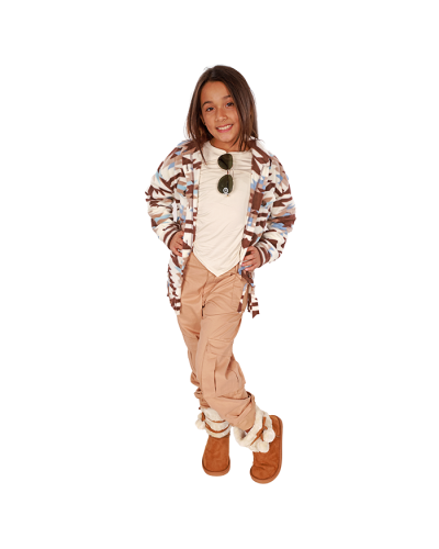 The girl model wears our "Jolie" Fleece Fringe Printed Jacket, ivory "Poof" Long Sleeve Solid Color Side Tie Top, khaki "Lorency" Cargo Pocket Twill Pants, and cognac and cream "MW" Faux Fur Tie Pom Pom Boots.