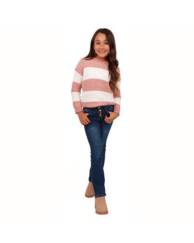 The girl model wears the soft "Poof" Crew Neck Striped Knit Sweater and pairs it with "Vince" 1-Button Denim Skinny Jeans and "Fortune" 2" Lug Pleather Heeled Booties.