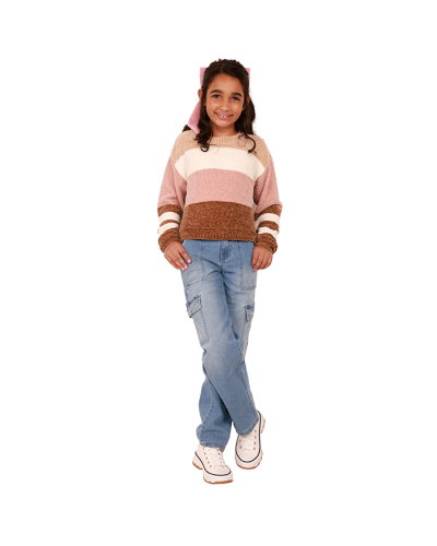 The girl model wears the brown, white, and pink "No Comment" Striped Fine Gauge Sweater, "B.S." Medium Wash Wide Leg Cargo Denim Jeans, and the white "Lucky" High Top Platform Canvas Sneakers.