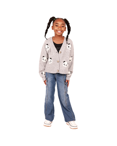 The girl model wears the grey panda "No Comment" V-Neck Pattern Pullover Animal Print Cardigan, black "CTTN" Short Sleeve Rhinestone Heart Wing Top, "BS" Wide Leg Elastic Cargo Denim Jeans, and the white "Lucky" High Top Platform Canvas Sneakers.