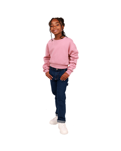 The girl model wears the mauve "No Comment" Long Sleeve Solid Color Fleece Top, "Gogo" 1-Button Medium Wash Cuffed Denim Jeans, and the white "Forever" Solid Color Pleather Athletic Shoes.