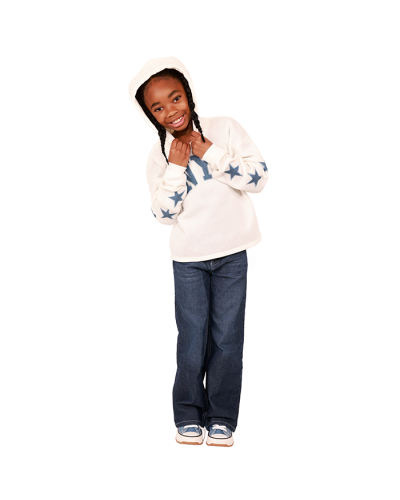 The girl model wears the white NYC, "No Comment" Fleece Destination Long Sleeve Hoodie, "BS" Dark Wash Belted Wide Leg Denim Jeans, and light denim "Lucky" High Top Platform Canvas Sneakers.