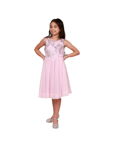The girl model wears a pink "RMLA" Sleeveless Sequin Mesh with  Rhinestone Trim Dress and silver "Forever" Rhinestone Heels.