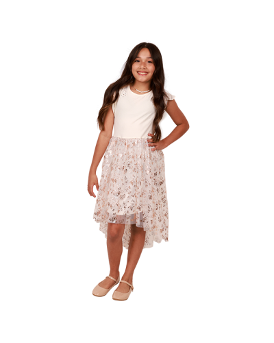 The girl model wears the white and gold butterfly "RMLA" Short Sleeve Knit Tulle Dress with nude "Link" Patent Ballet Flats.