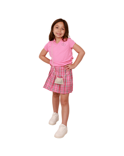 The girl model wears the "Sweet Butterfly" Pink Ruched Side Tie Shirt and Plaid Skirt Set with the white "Forever" Solid Color Pleather Athletic Shoes.