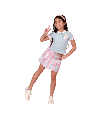 The girl model wears the "Sweet Butterfly" Polo Shirt and Plaid Skirt Set and white "Yoki" Pleather Butterfly Embroidered Lace-Up Shoes.