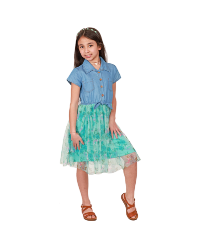 The girl model wears the aqua "RMLA" Short Sleeve Denim Floral Tulle Overlay Dress with brown "Lucky" Comfort X-Strap Strappy Sandals.
