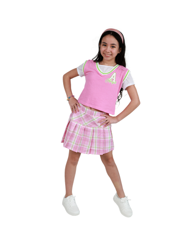 "Sweet Butterfly" Pink 2-Piece Polo & Plaid Skirt Set