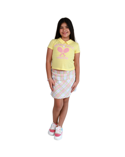 The girl model wears the yellow "Sweet Butterfly" Short Sleeve 2-Piece Polo & Plaid Skirt Set and "Forever" Pleather Lace-up Multicolored Athletic Sneakers .