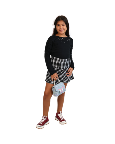 “SRK” 2 Piece Gathered Long Sleeve and Plaid Pleated Skirt Set