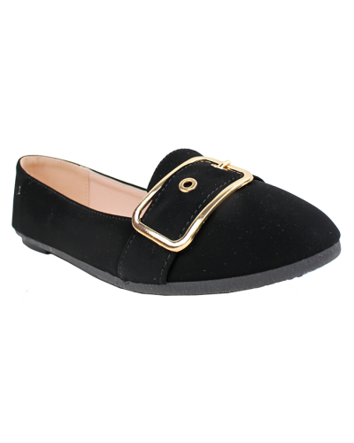 The black "Forever" Gold Buckle Faux Suede Ballet Flats are pictured here.