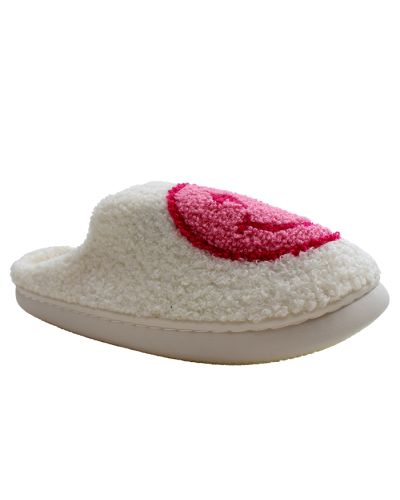 The ivory and fuschia "Top" Fur Smiley Face Sherpa Slippers are pictured here.