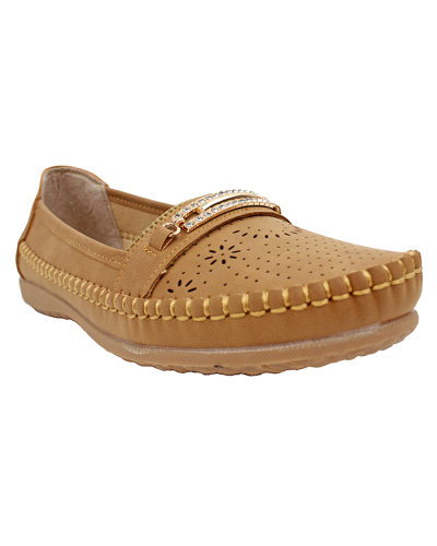 The tan "Ambo" Perf Gold Hardware Rhinestone Embellished Moccasins are pictured here.