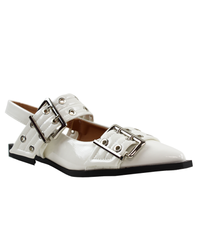 The white "Forever" Pointed Toe Double Grommet Belted Slingback Flats are pictured here.