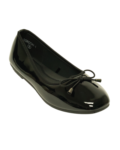 three quarter view of Dorothy High Gloss Black Flats with Tie
