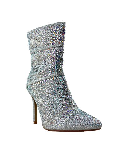 The silver "Forever Link" 4" Stiletto Heeled Rhinestone Pull-on Boots are pictured here.