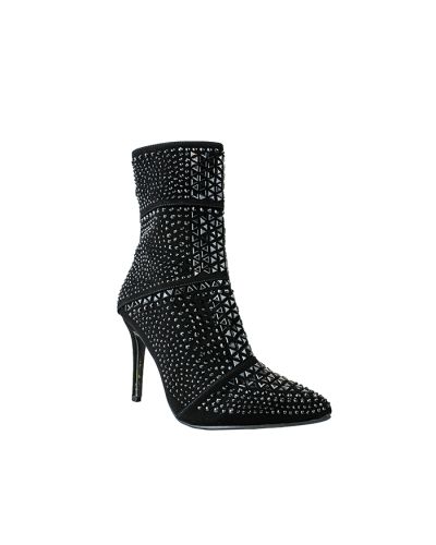 The black "Forever Link" 4" Stiletto Heeled Rhinestone Pull-on Boots are pictured here.