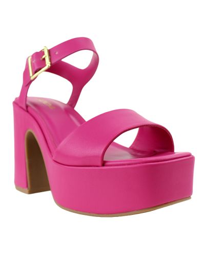 The fuschia "Soda" 4" Platform Chunky Heel Sandals are pictured here.