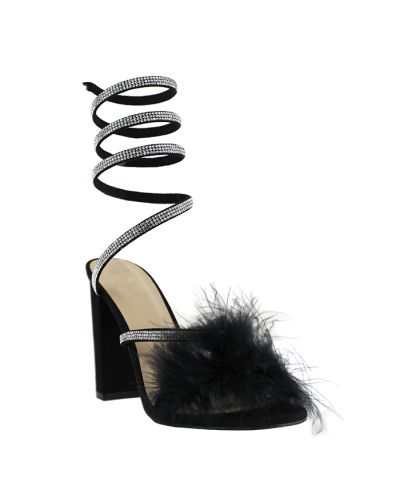 “Legend” 4” Block Heel Snake Up Ankle Strap Rhinestone Faux Fur Dress Sandal