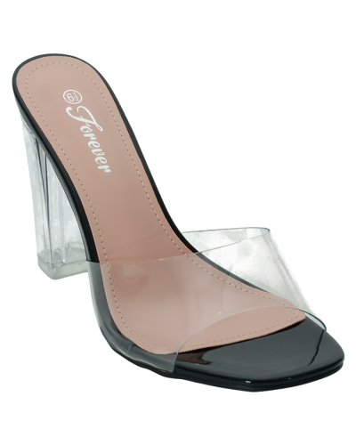 Three quarter view of "Veronica" in Black with Clear Heel 