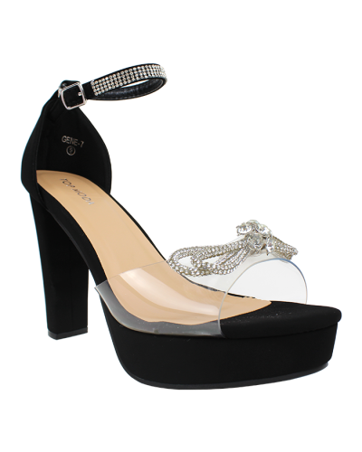 The black "Top" 4 1/2" Rhinestone Bow Embellished Ankle Strap Heels are pictured here.