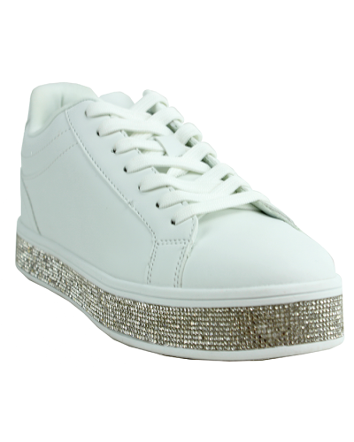 The white "Top" Pleather 1" Platform Rhinestone Lace-up Shoes are pictured here.