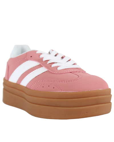 "La Sheelah" Tan Sole Striped Pleather Lace-Tie Athletic Shoes